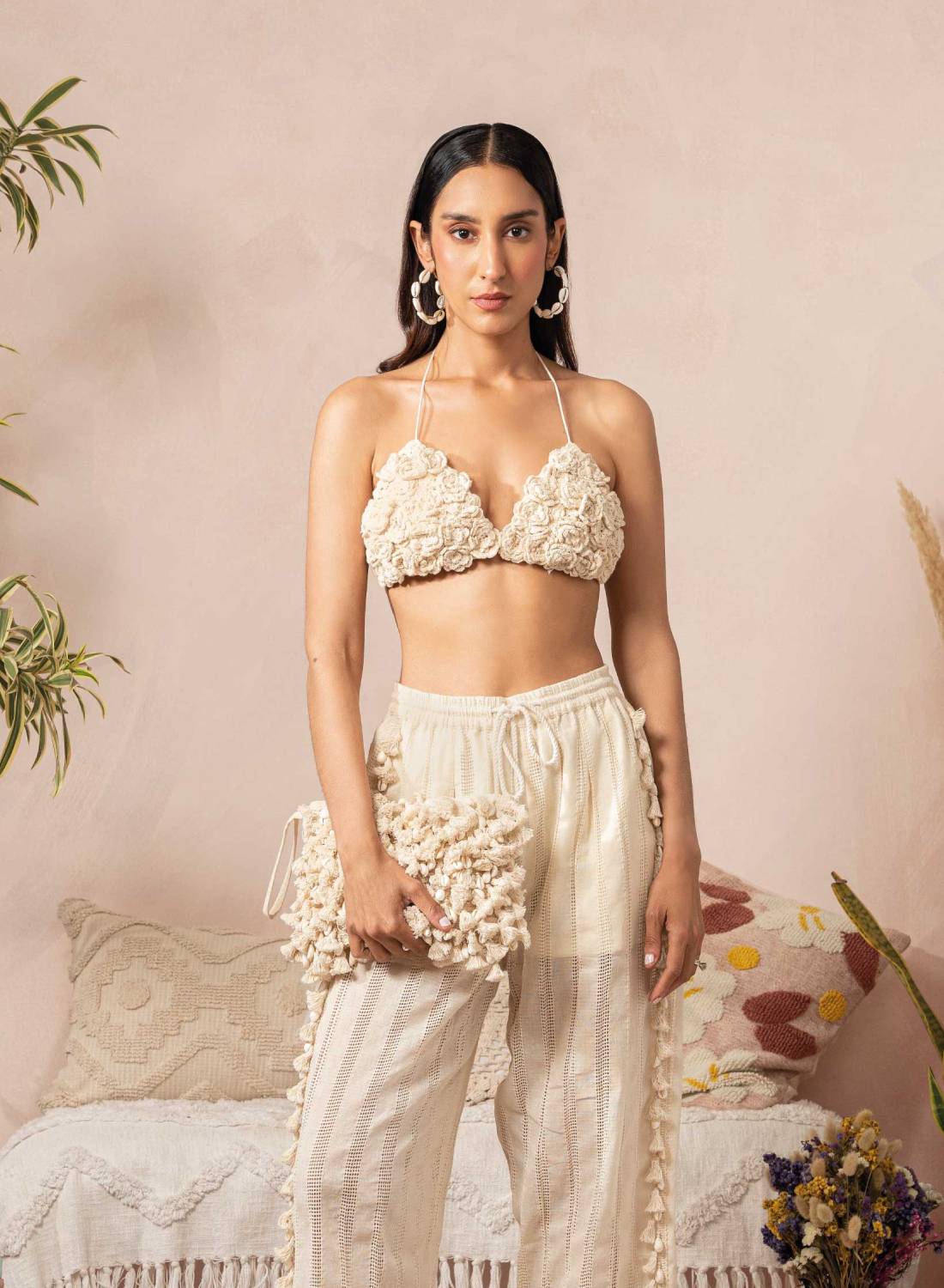 Bliss Canvas Clutch With Shells And Tassels