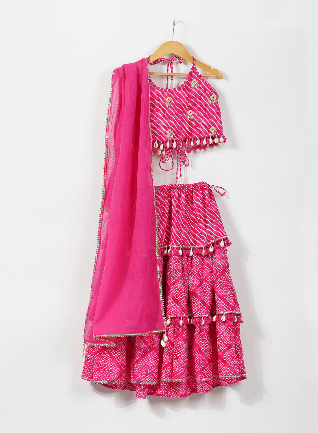 Girls Red Leheriya Angrakha Peplum & Dhoti Pant Set