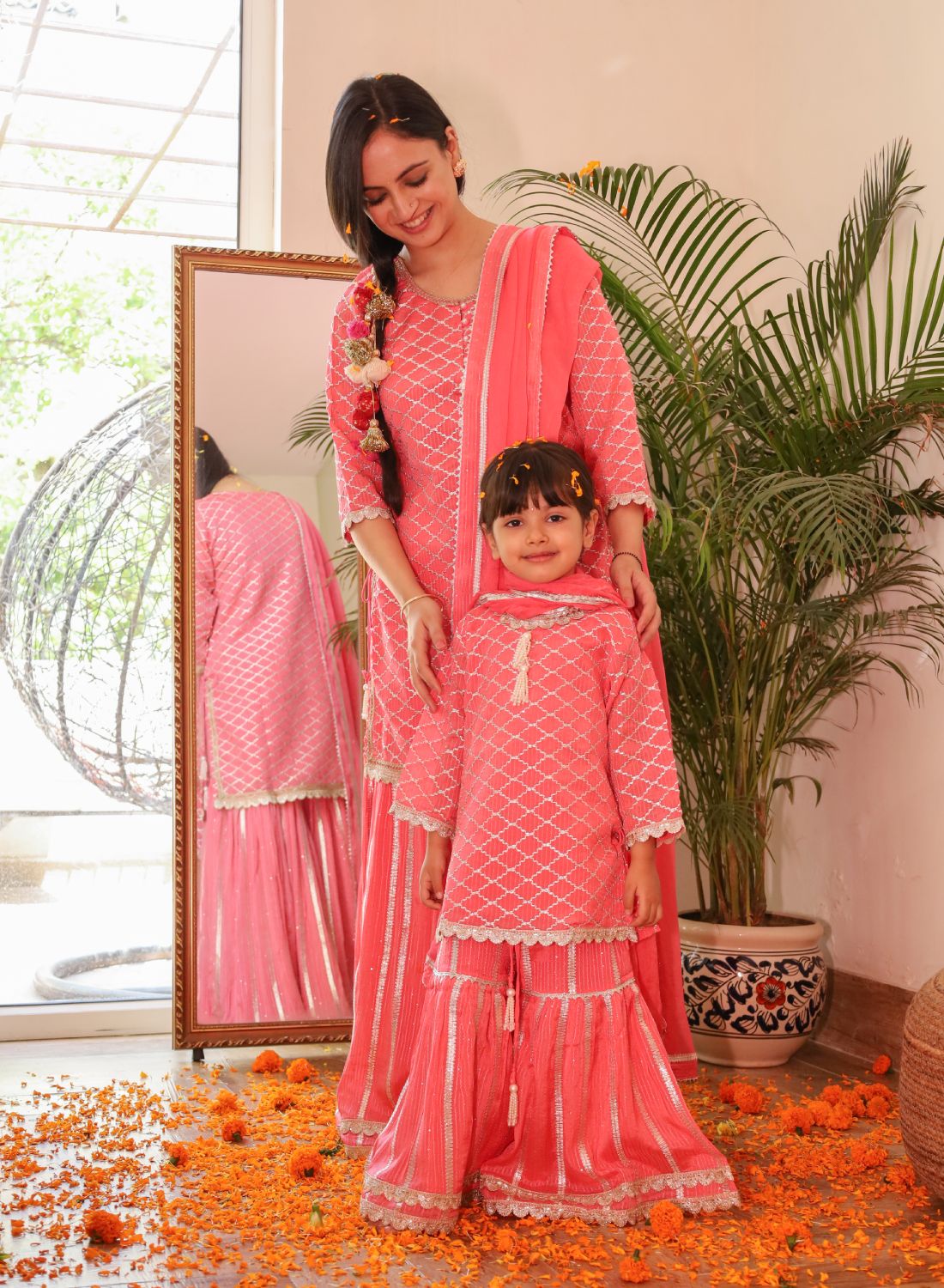 Kids Peach Gota Patti Georgette Sharara Set