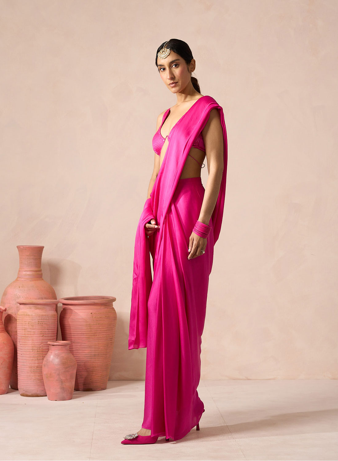 Raadha Pink Satin Pre-drapped Saree With Matching Beads Work Blouse