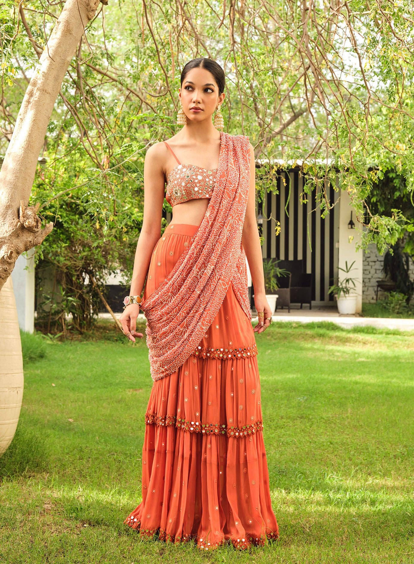 Silakaari Beige Pure Net Heavy Embroidery Mirror Thread Work Unstitched Lehenga Sharara Set main image 0
