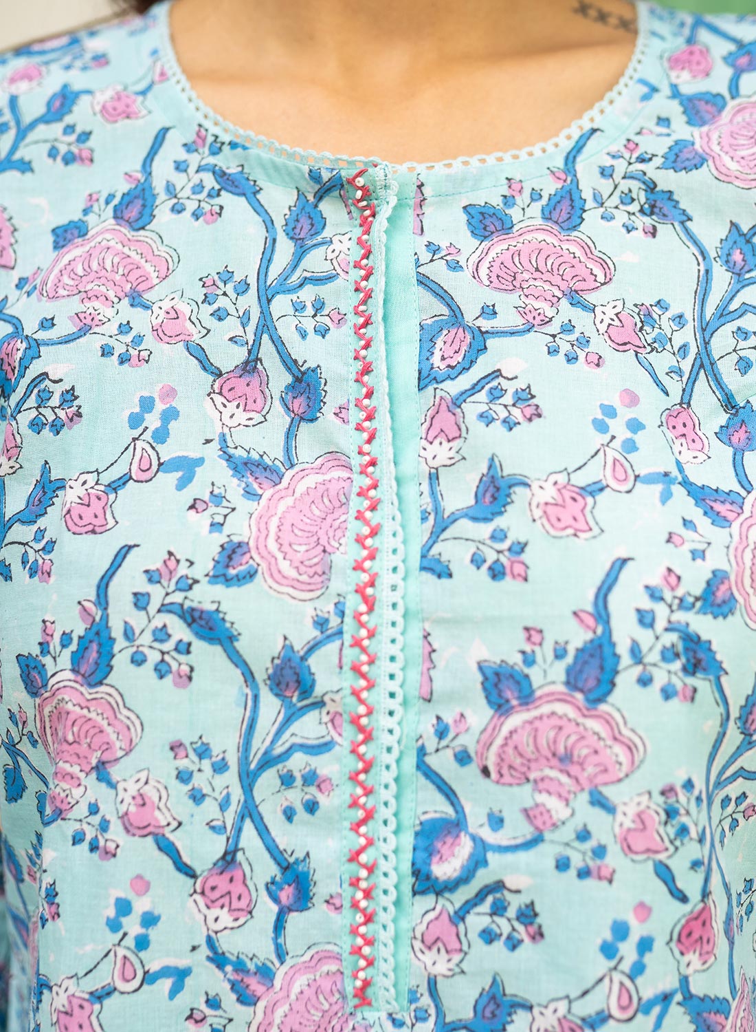 Aasmi Cotton Hand Block Kurta Palazo Set With Kota Dupatta