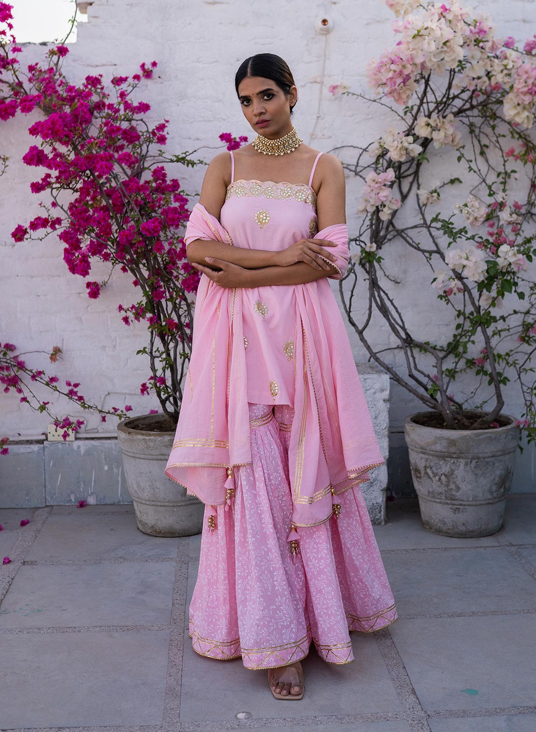 Ashi Gota Patti Spagetti Kurta Set With Printed Sharara Set