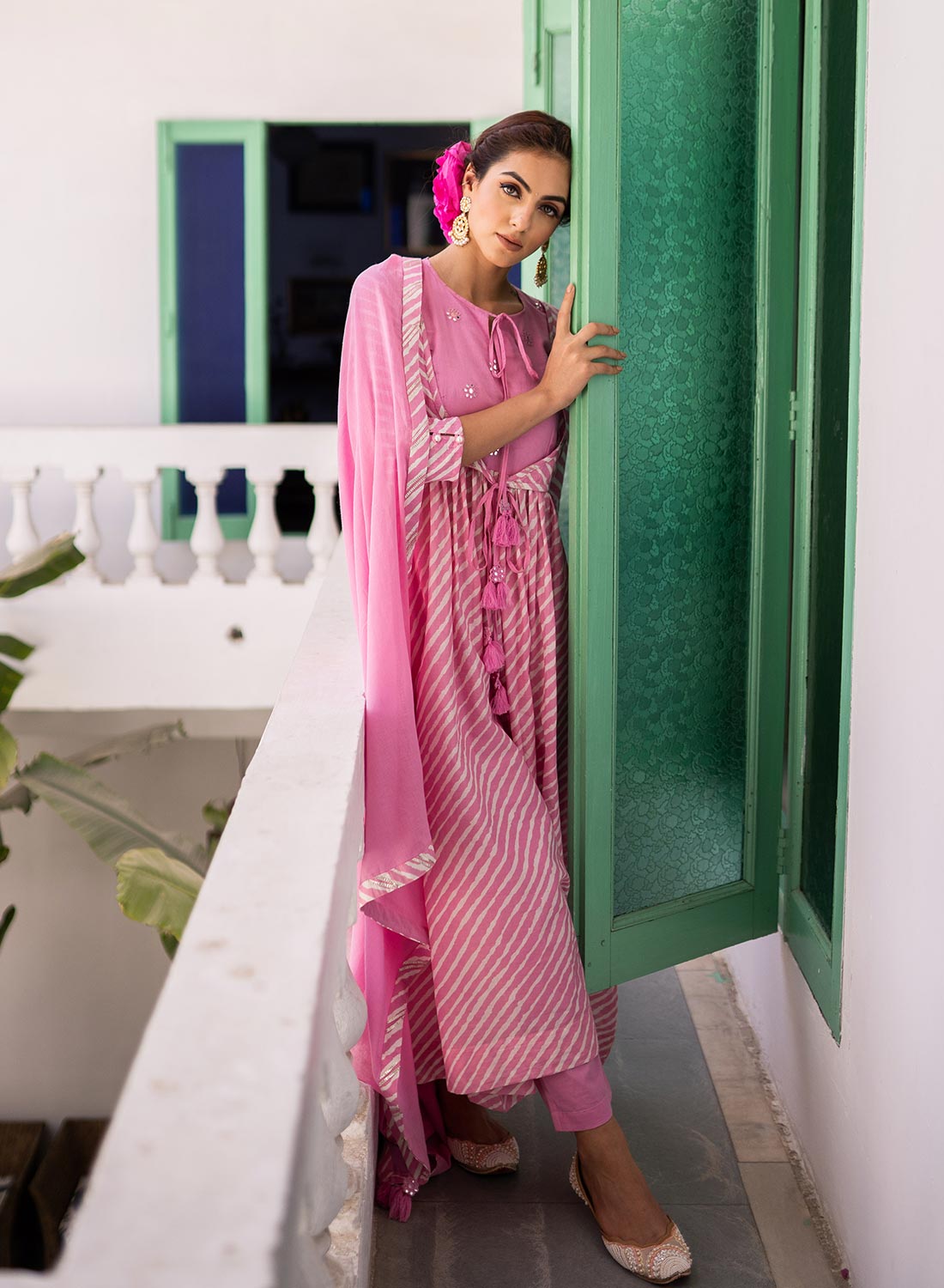 Brinda Bandhini Anarkali Set With Mirror Embroidery