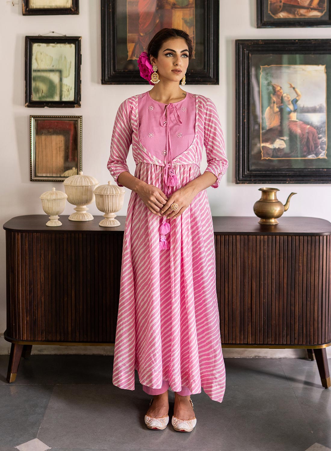 Brinda Bandhini Anarkali Set With Mirror Embroidery