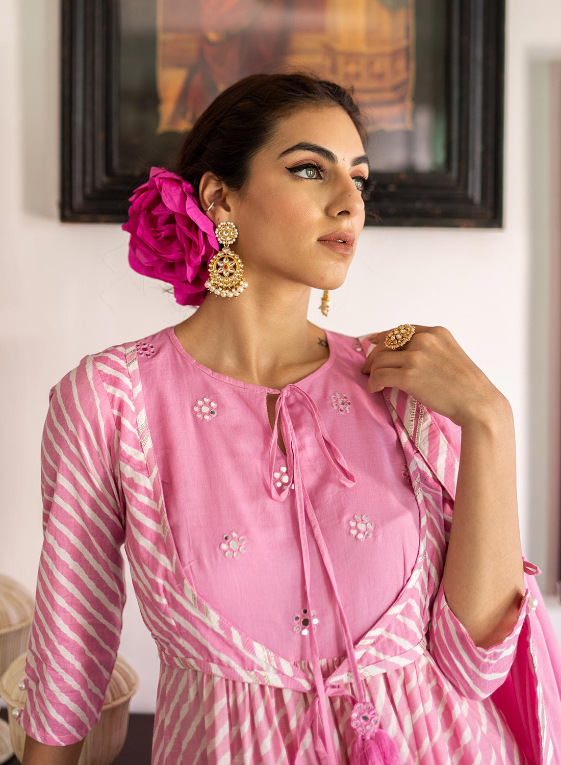 Brinda Bandhini Anarkali Set With Mirror Embroidery