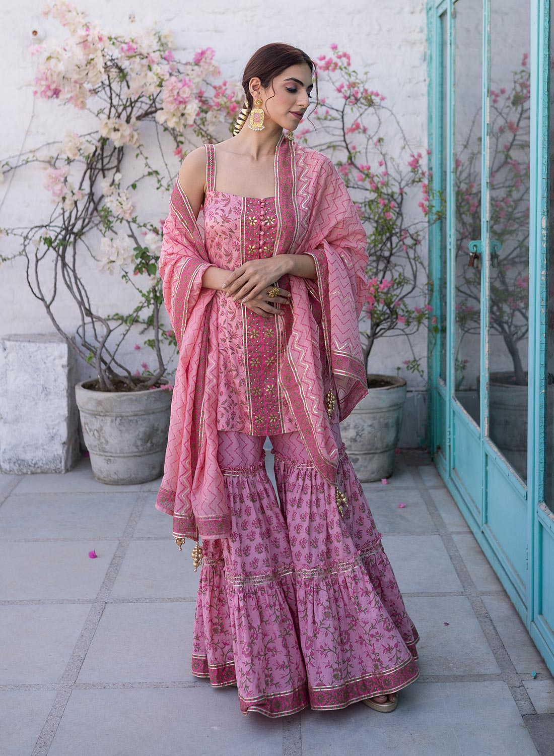 Dina Floral Satin Hand Block Garara Set With Gota Patti Embroidery