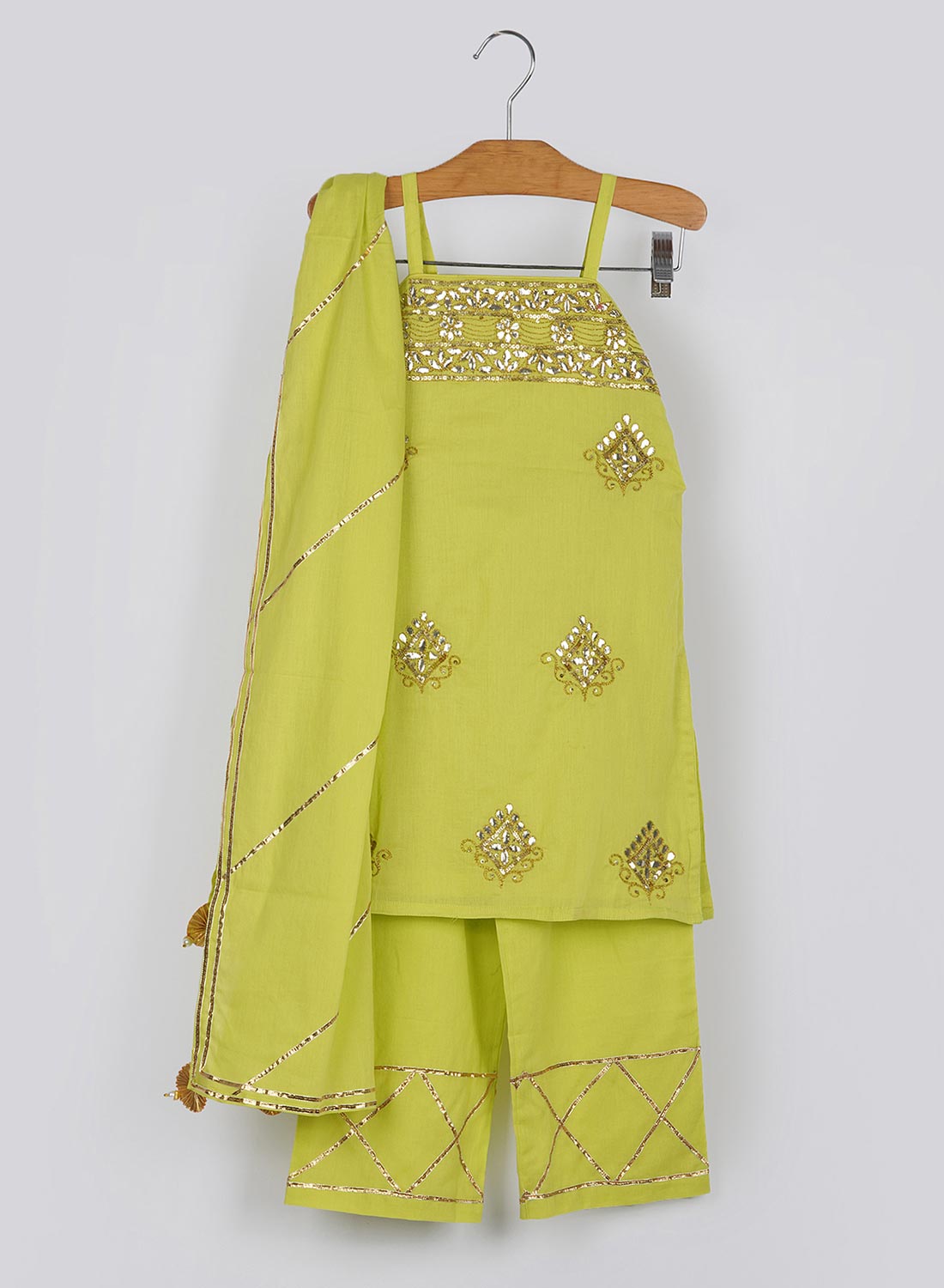 Kids Green Gota Patti Spagetti Suit Set