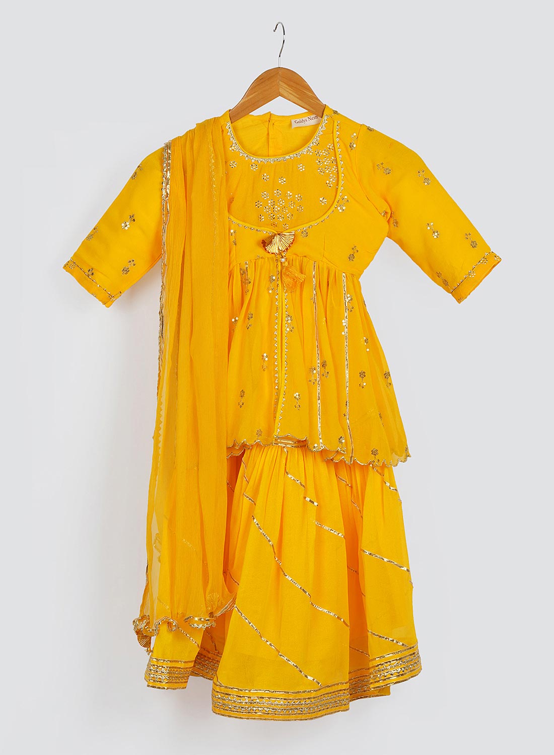 Kids Mustard Yellow Gold Handblock Sharara Set