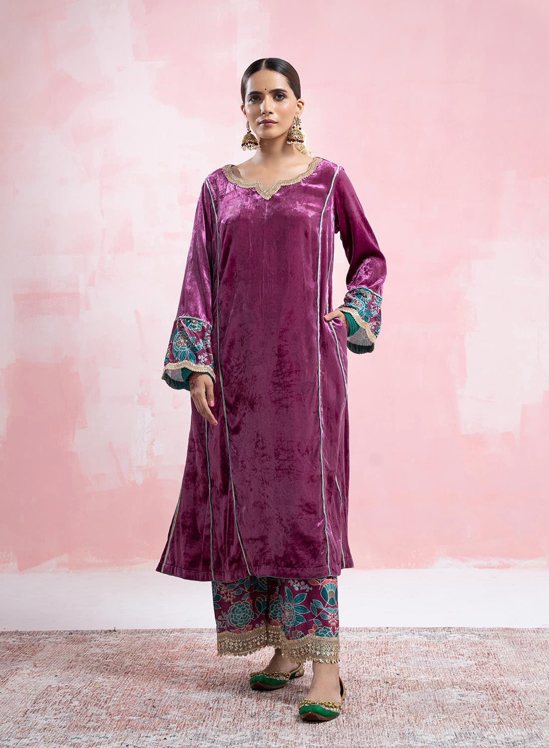 Navi Velvet Suit Set With Gota Detailing