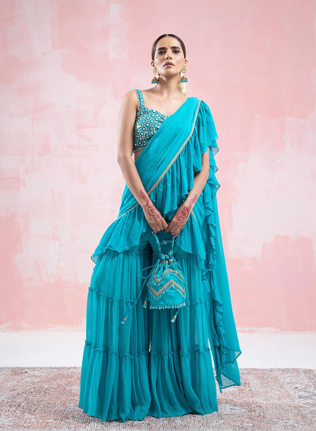 Ruhi Sharara Saree With Embroided Pallu And Mirror Work Blouse