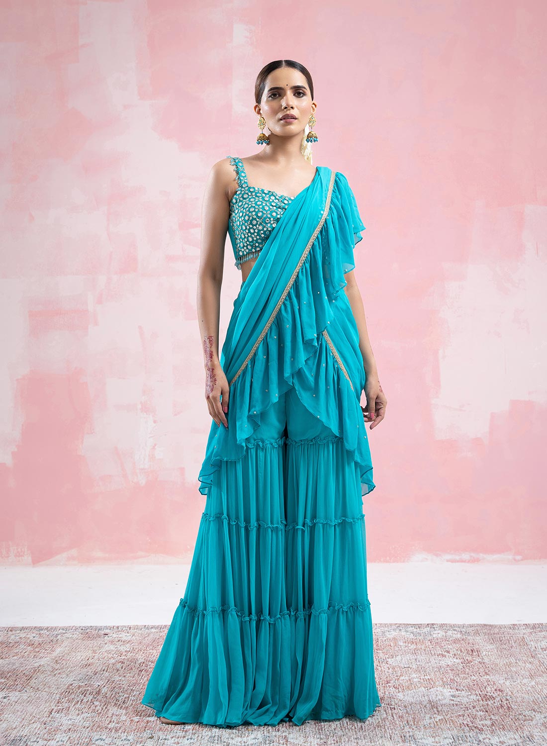 Ruhi Sharara Saree With Embroided Pallu And Mirror Work Blouse