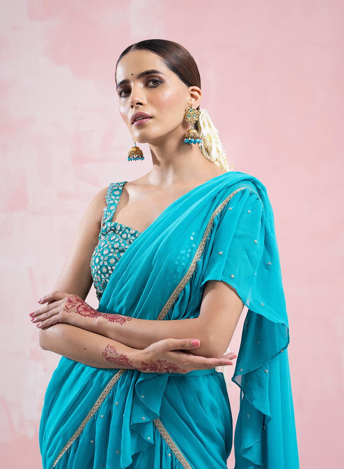 Ruhi Sharara Saree With Embroided Pallu And Mirror Work Blouse