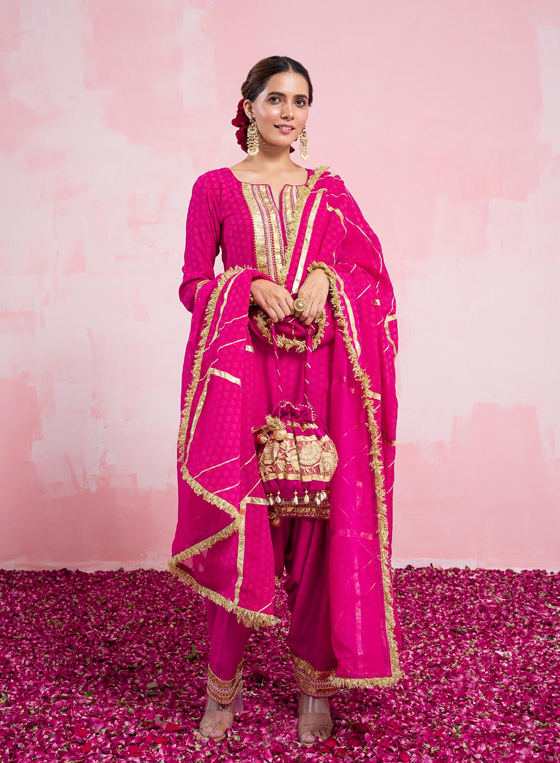 Vera Handblock Suit Set With Gota And Bead Work