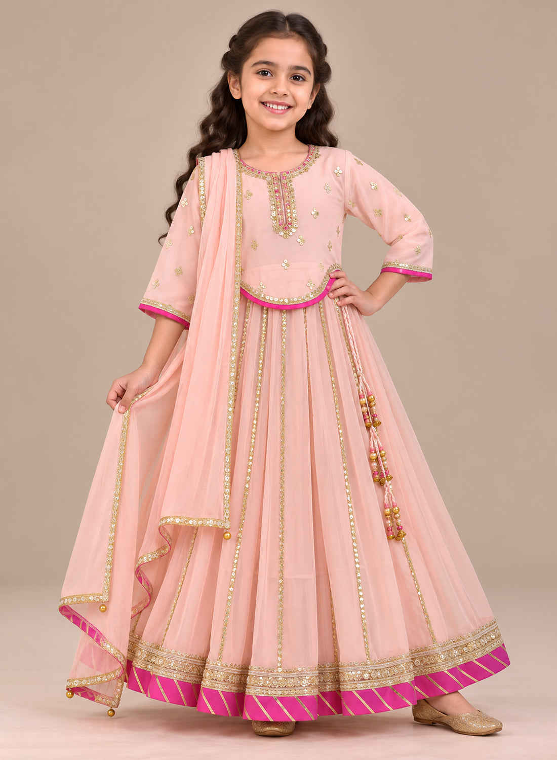 Kids Soft Pink Gotta Patti Lehenga Set