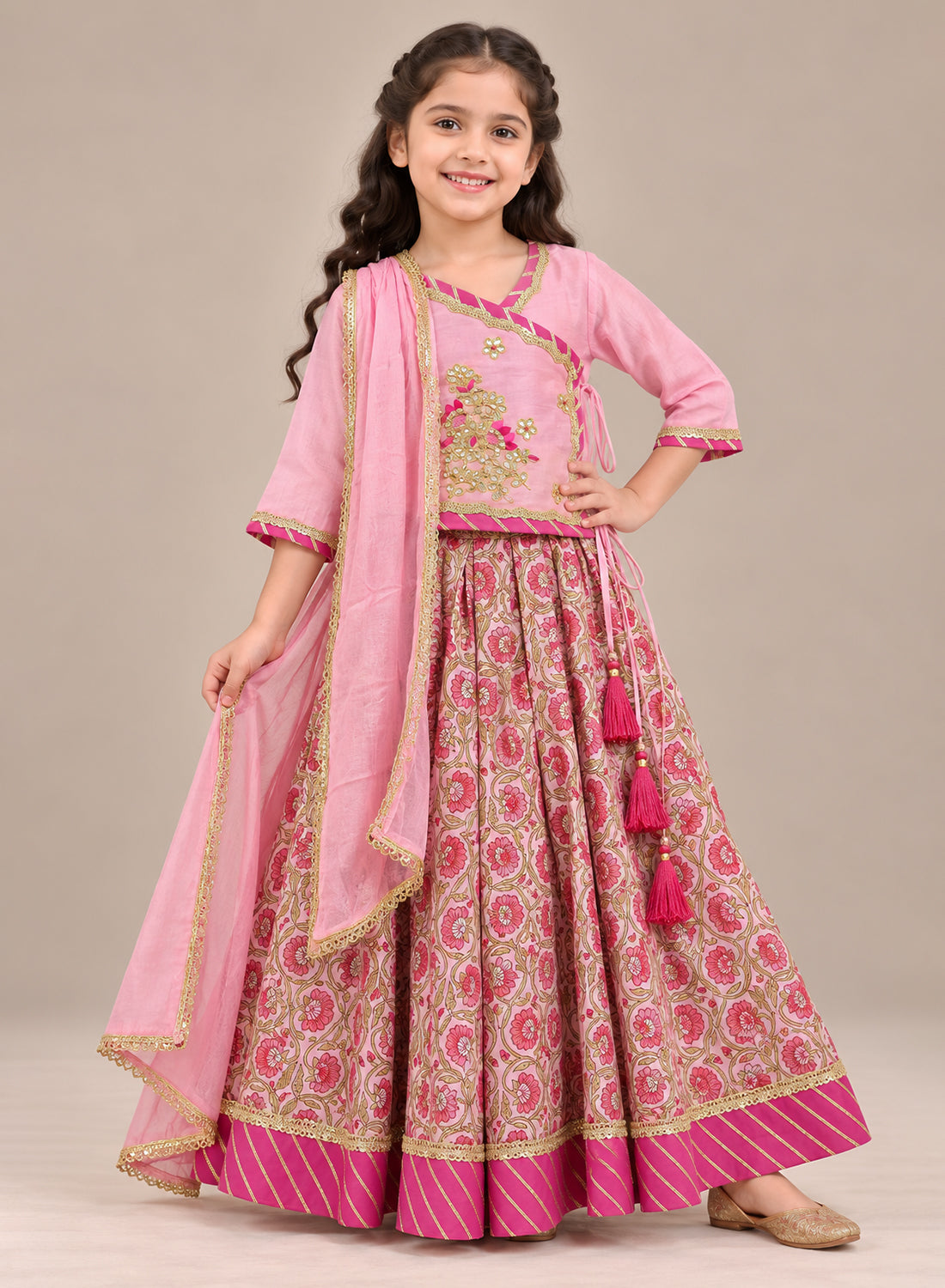 Kids Pink Flared Lehenga Set