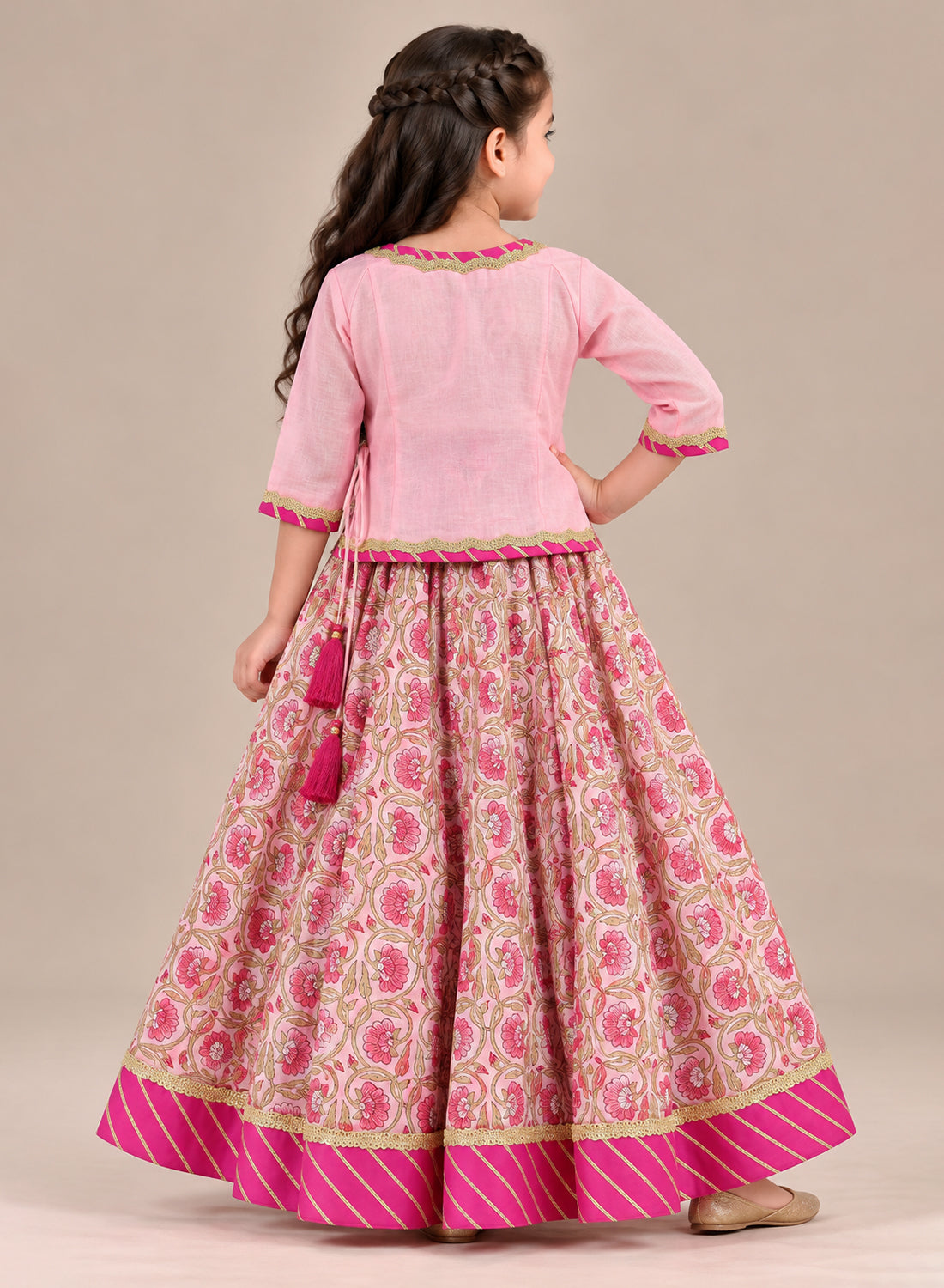 Kids Pink Flared Lehenga Set