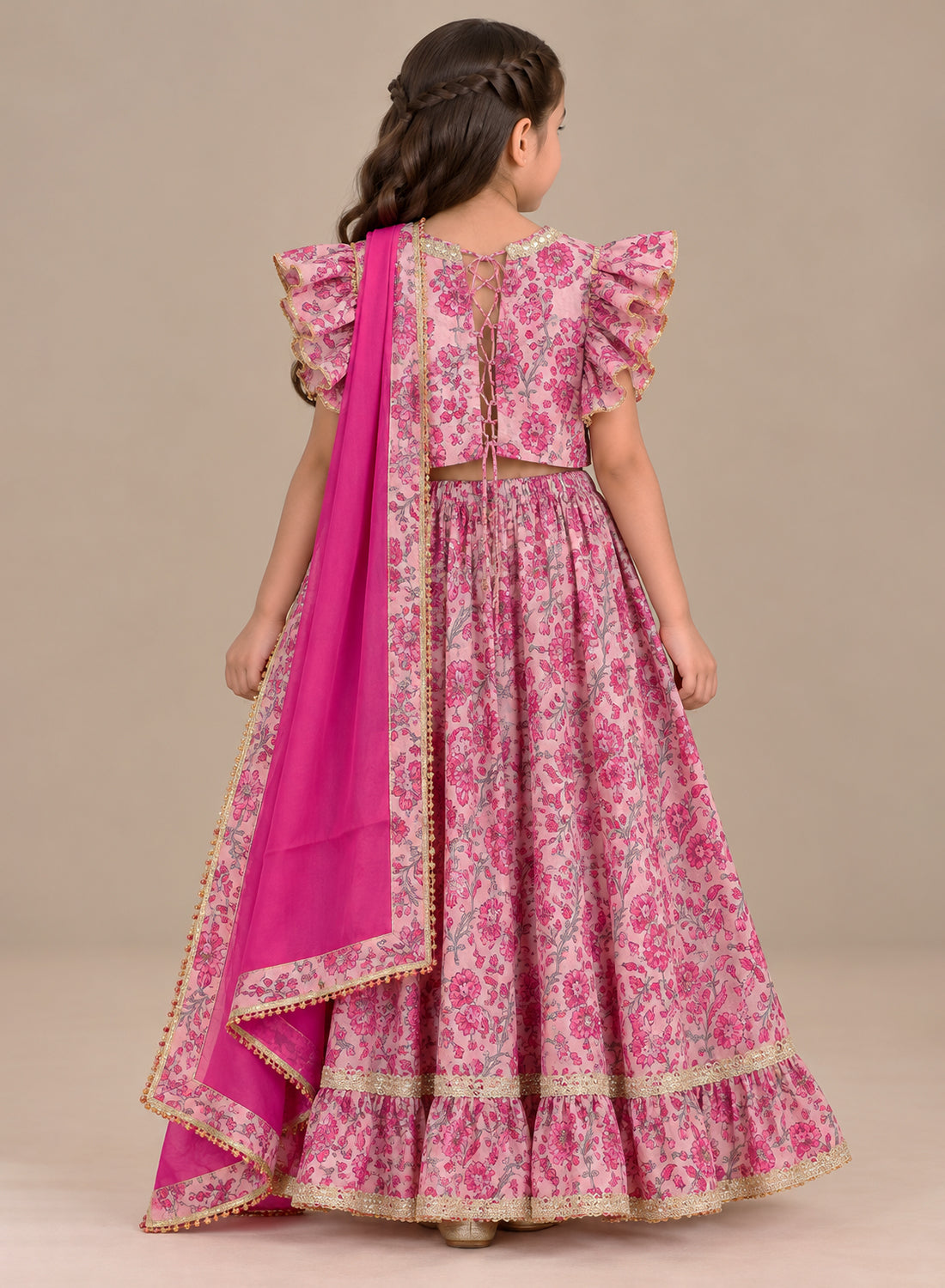 Kids Pink Handblock Lehenga Set