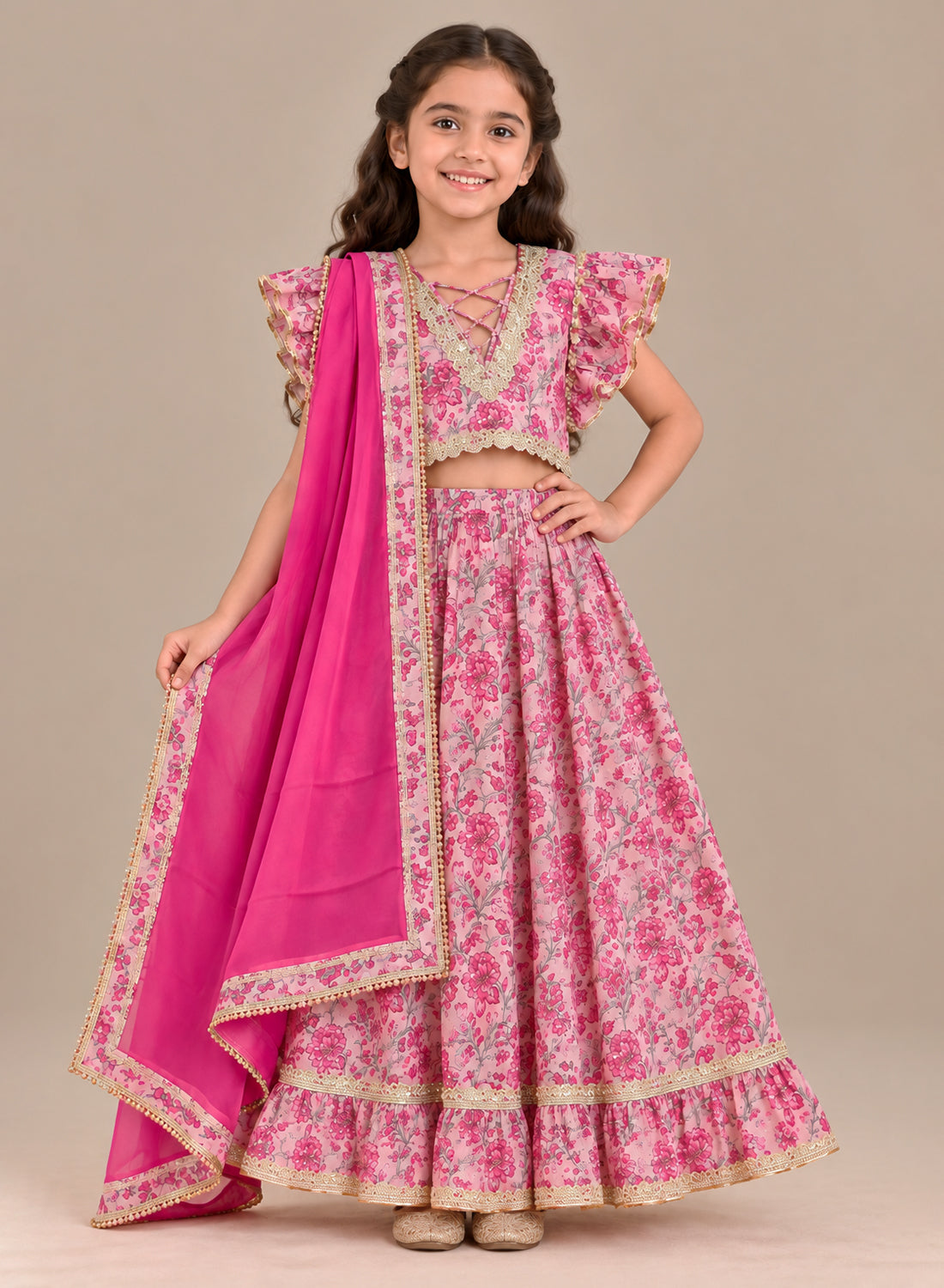 Kids Pink Handblock Lehenga Set