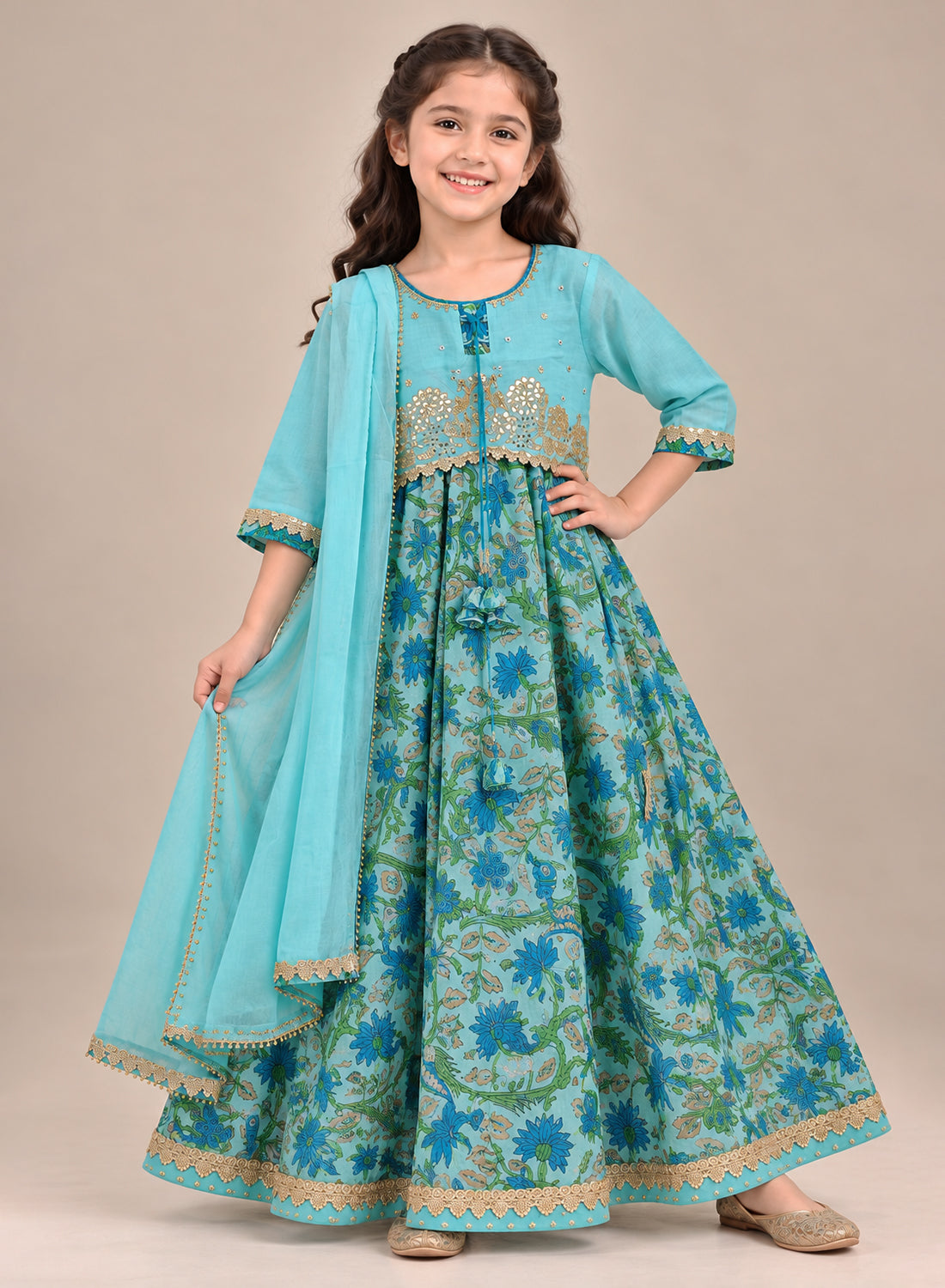 Kids Blue Chanderi Lehenga Set