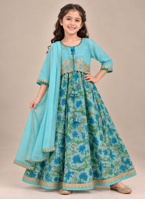 Kids Blue Chanderi Lehenga Set