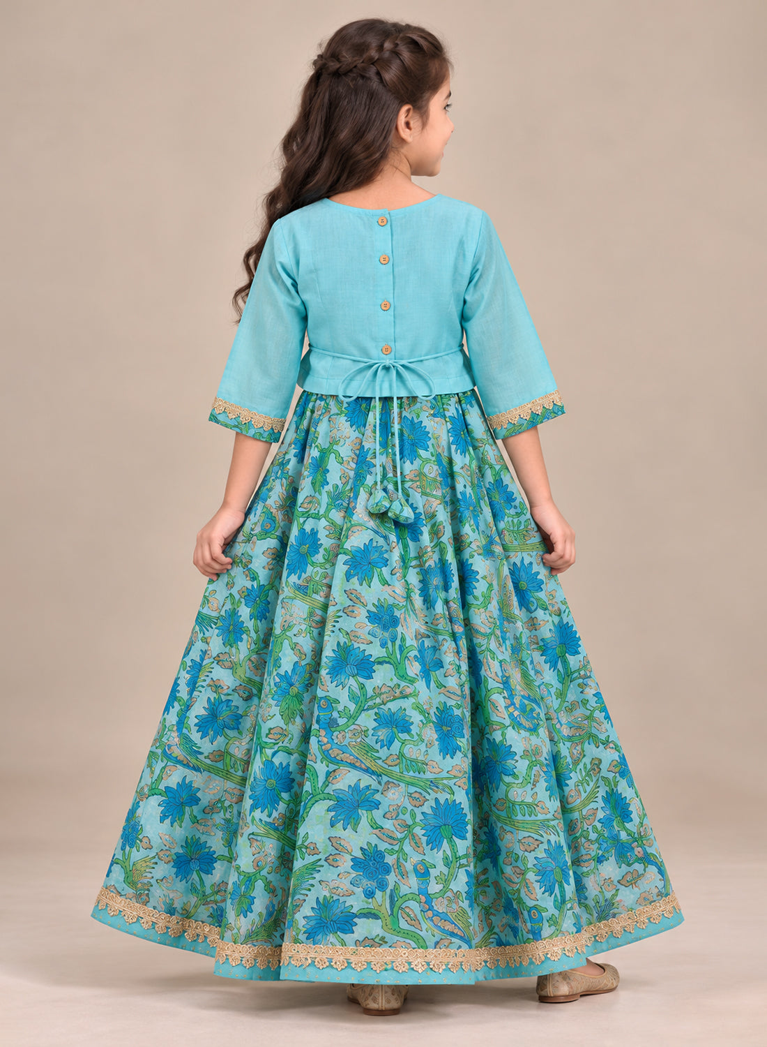 Kids Blue Chanderi Lehenga Set
