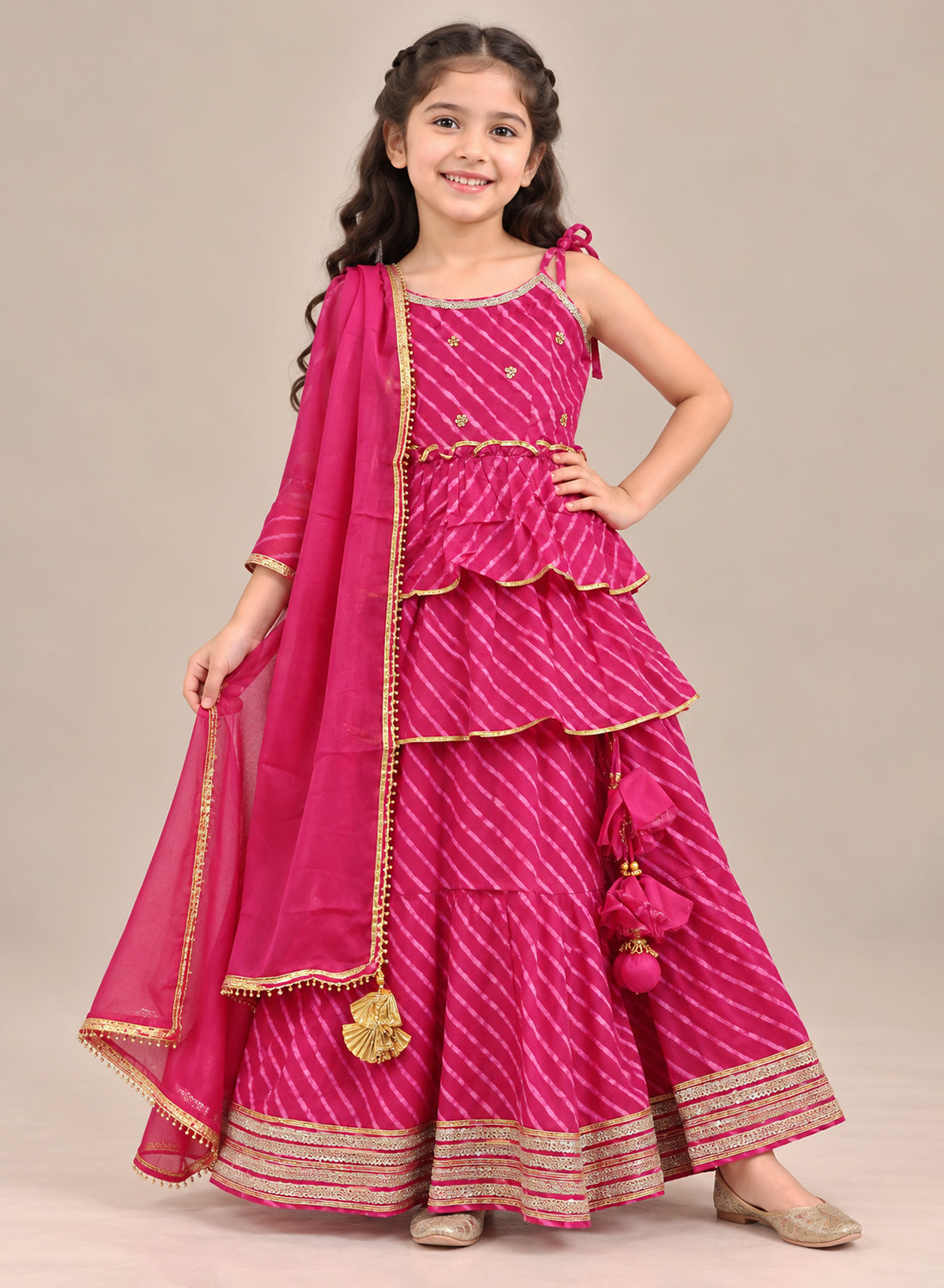 Kids Rani Pink Gotta Patti Lehenga Set