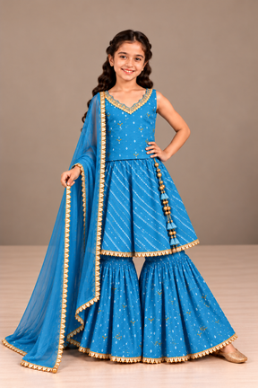 Kids Blue Bandhej Sharara Set