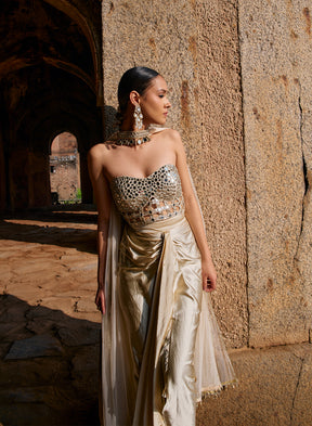 Devika Off White Satin Skirt Set