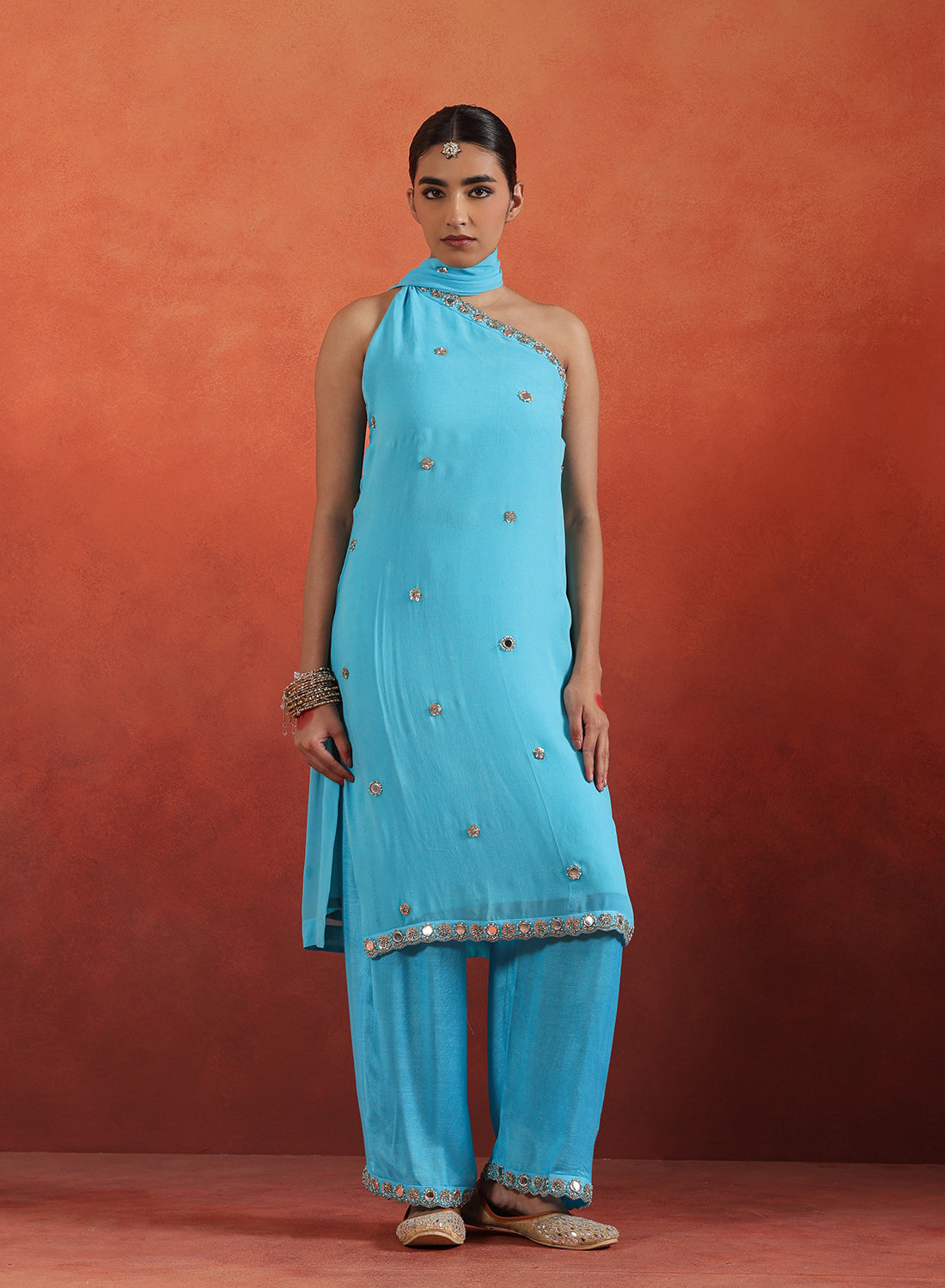 Hiral One Shoulder Mirror Work Set