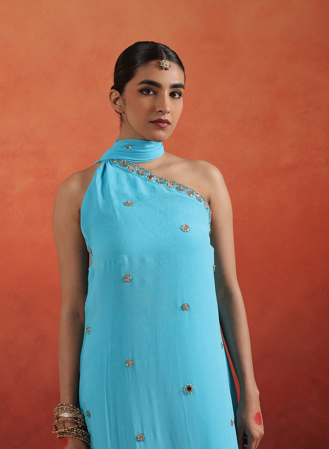 Hiral One Shoulder Mirror Work Set