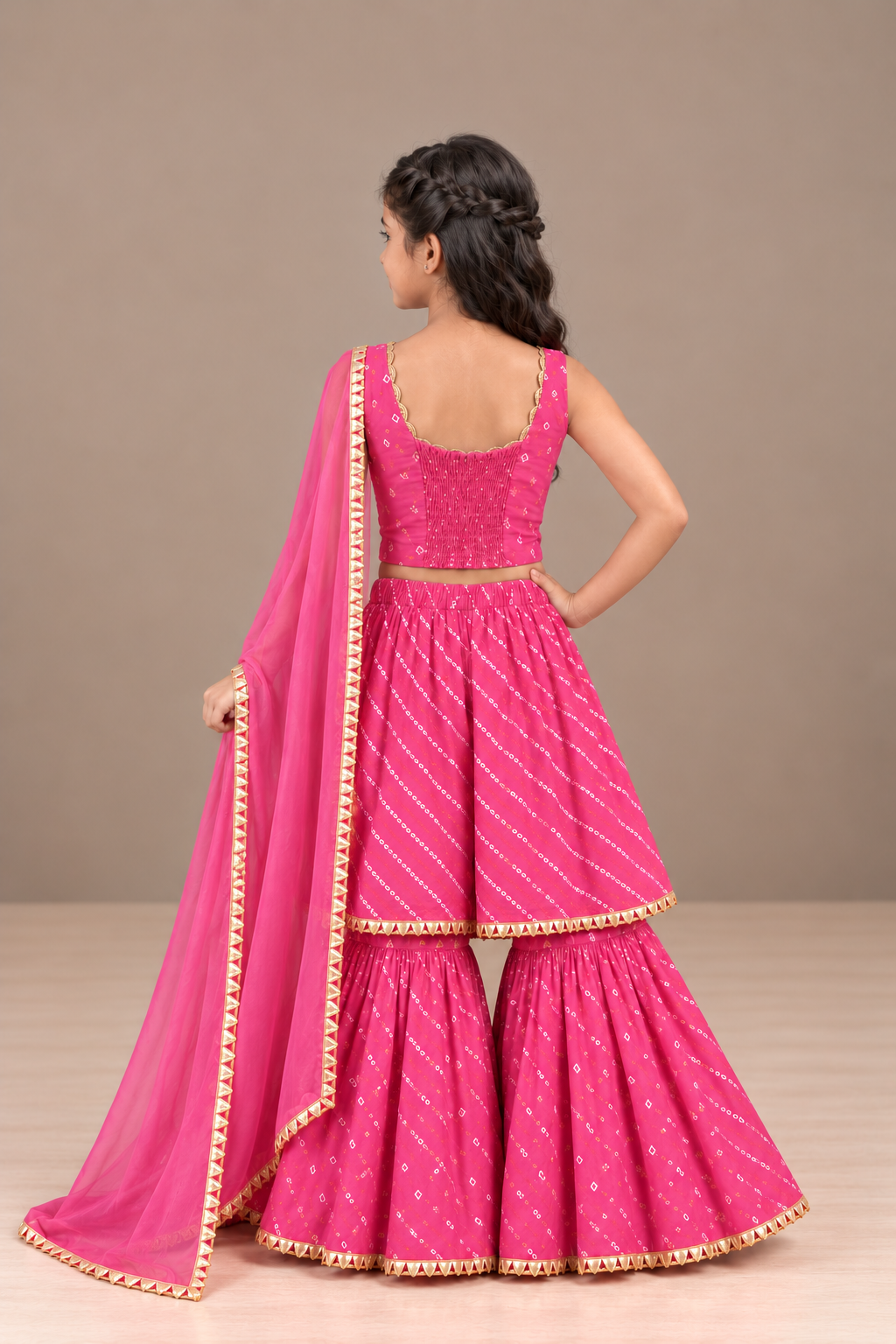Kids Pink Bandhej Sharara Set