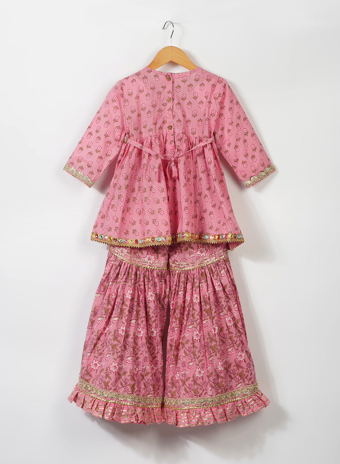 Kids Peach Hand Block Sharara Set