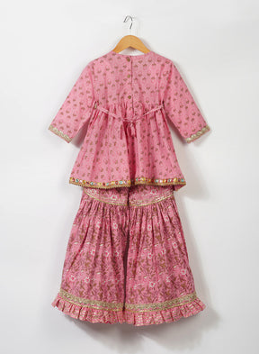 Kids Peach Hand Block Sharara Set