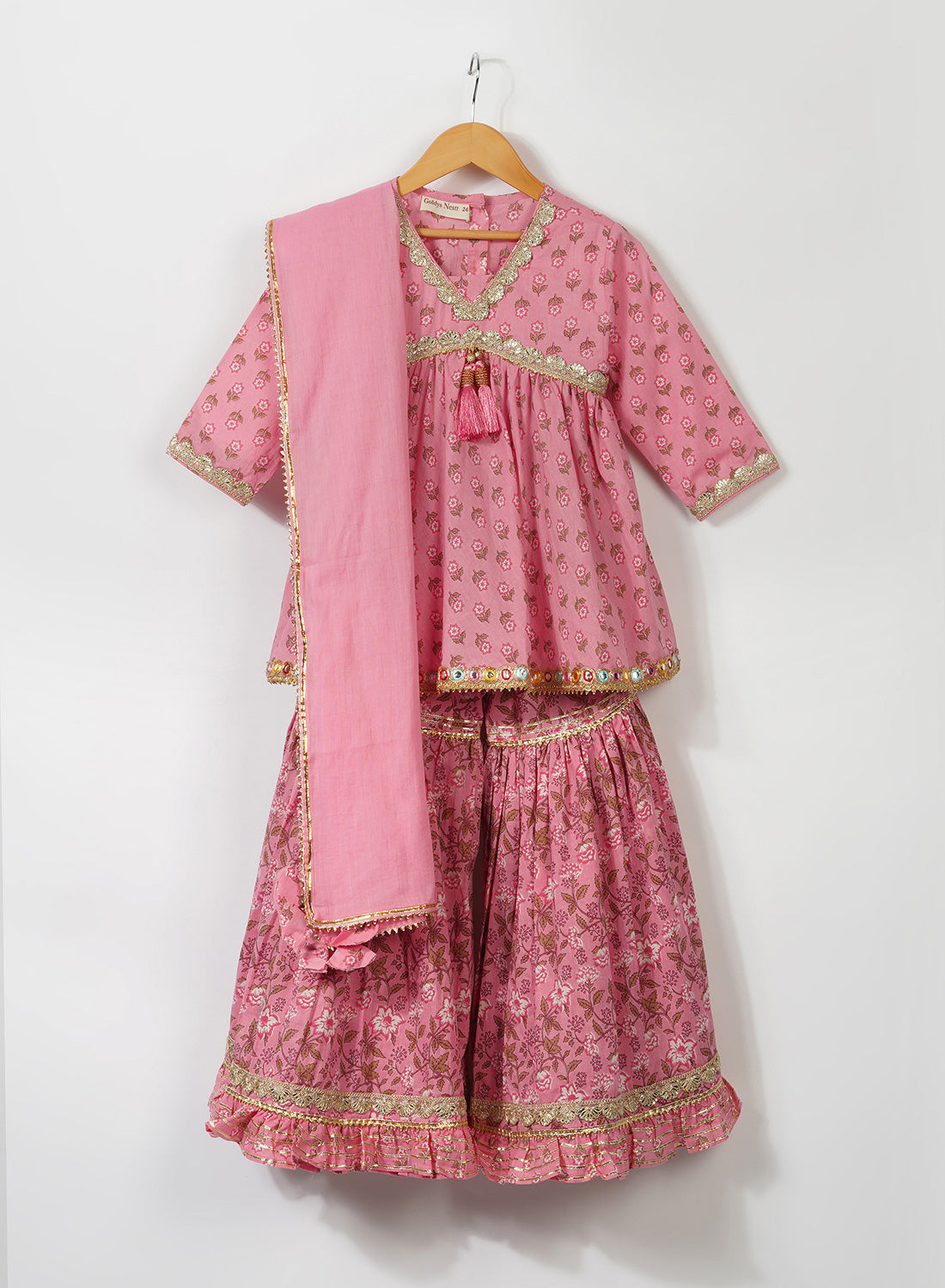 Kids Peach Hand Block Sharara Set