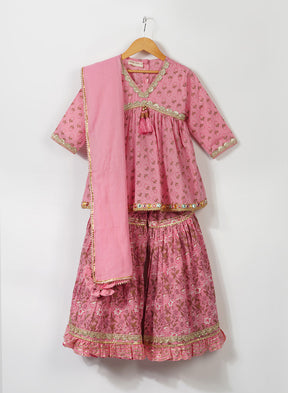 Kids Peach Hand Block Sharara Set