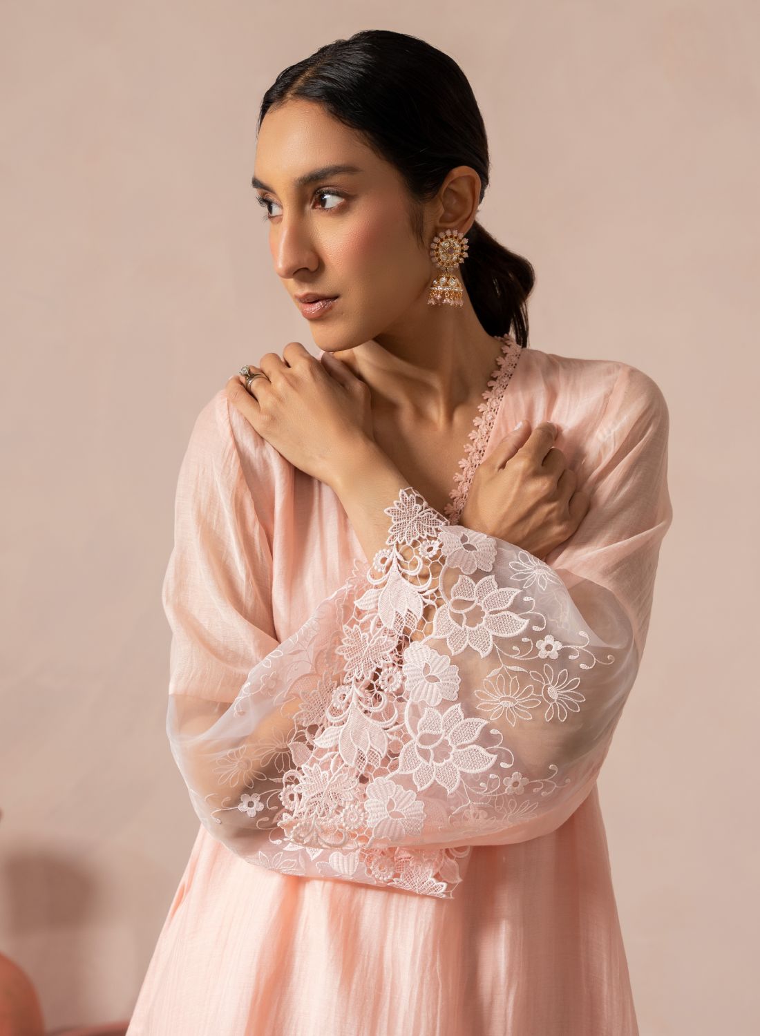 Priya Flared Sleeves Kurta Set With Lace Detailing