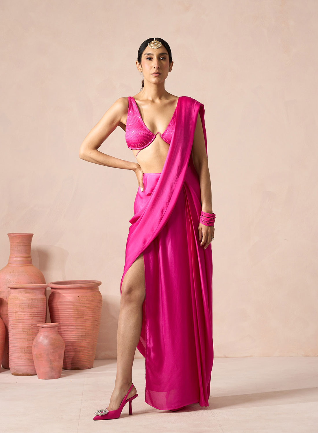 Raadha Pink Satin Pre-drapped Saree With Matching Beads Work Blouse