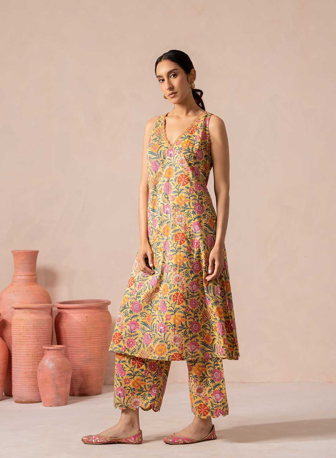 Saachi Floral Print Suit Set With Cut-Work