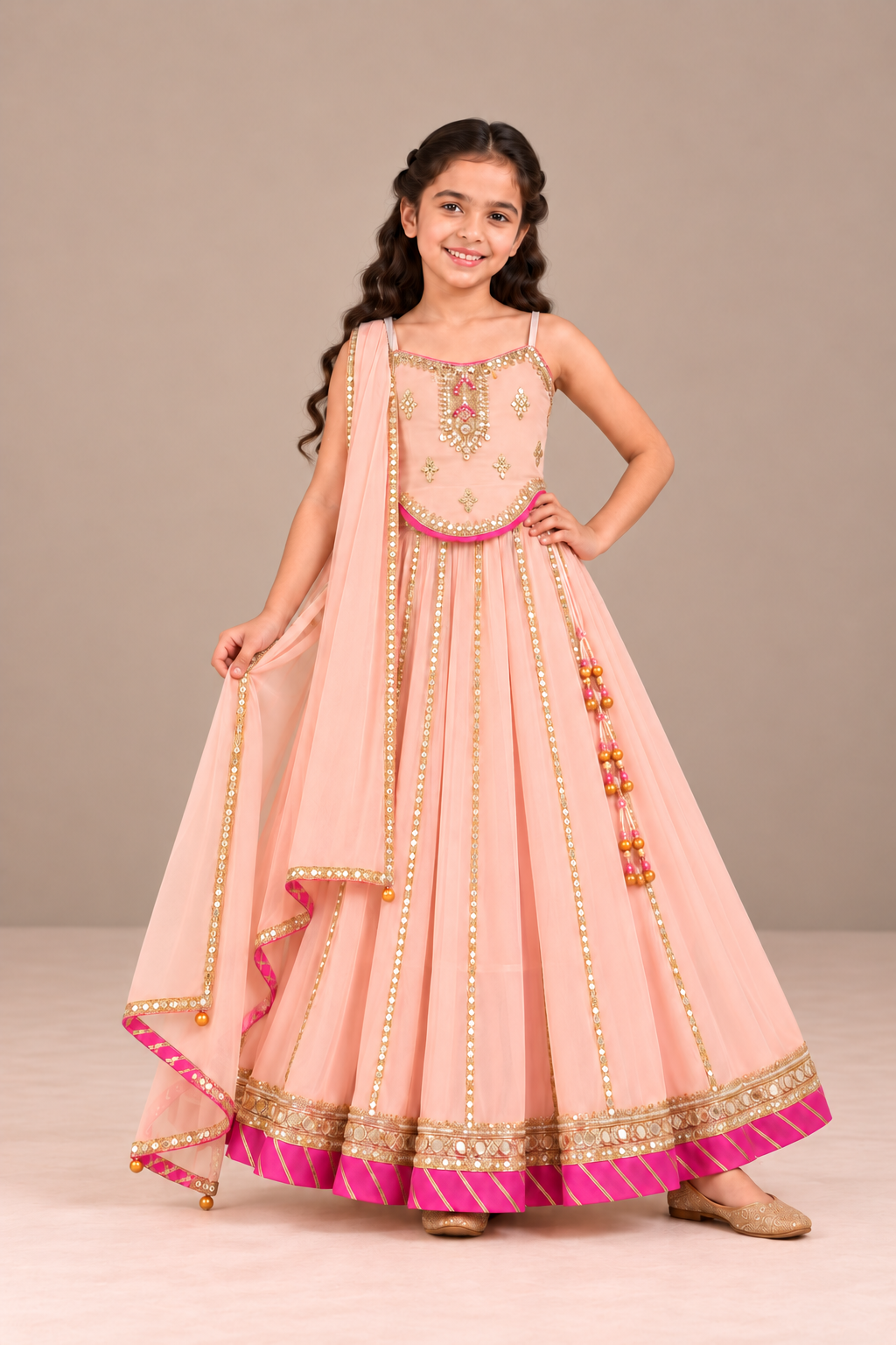 Kids Soft Pink Gotta Patti Lehenga Set