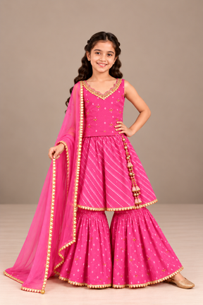 Kids Pink Bandhej Sharara Set