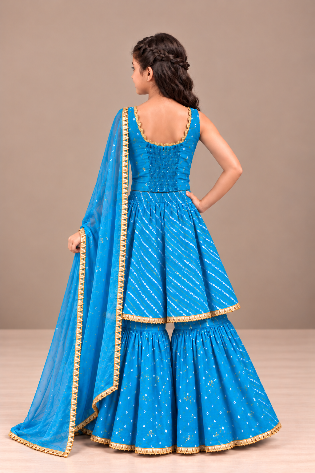 Kids Blue Bandhej Sharara Set
