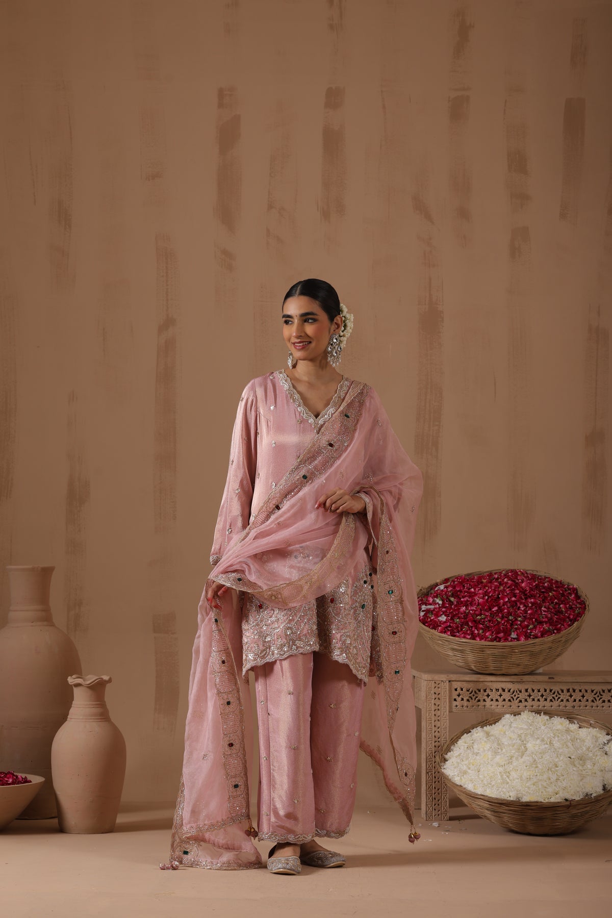 Blush Pink Embroidered Tissue Kurta Palazzo Set - full outfit