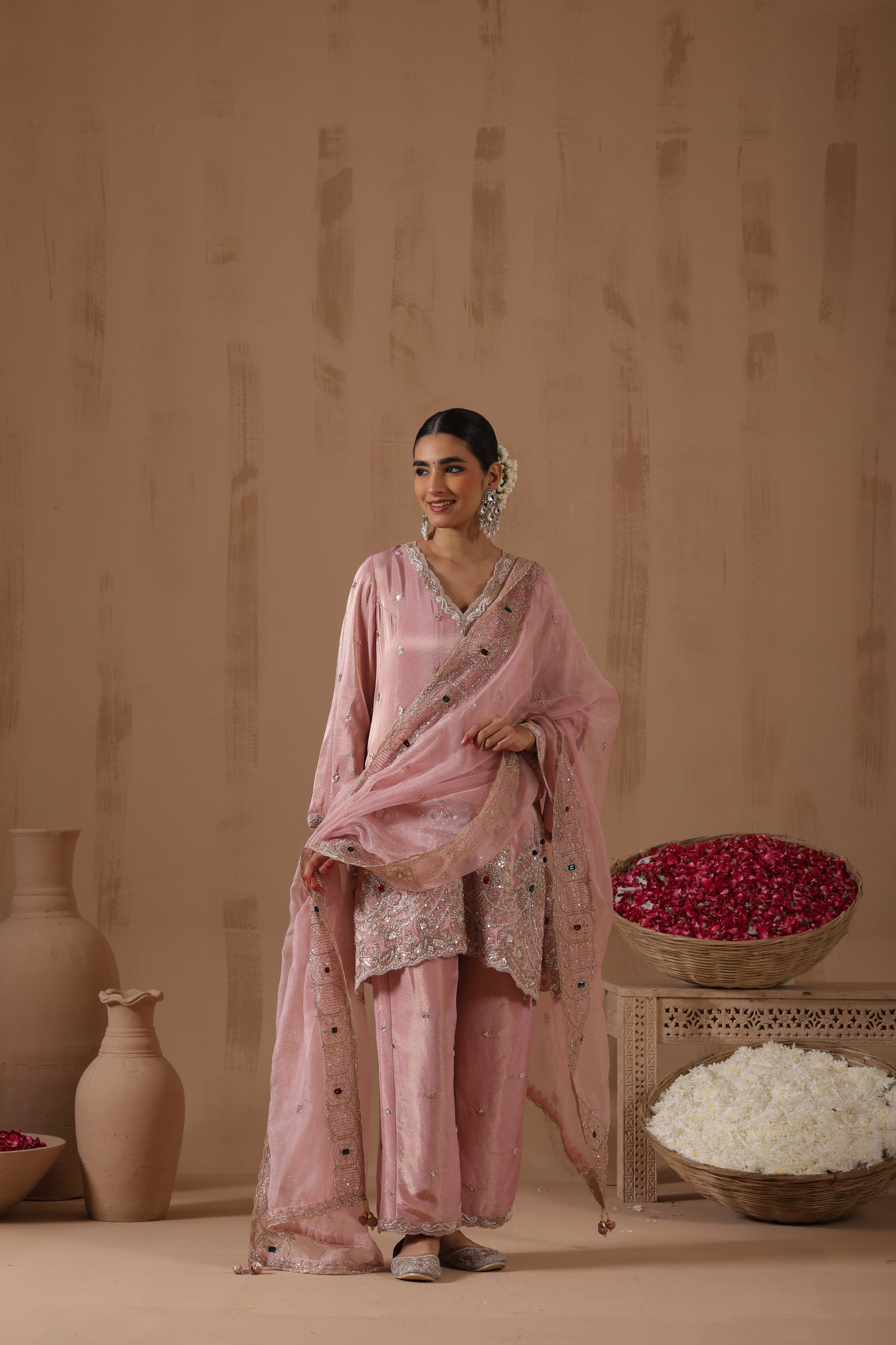 Blush Pink Embroidered Tissue Kurta Palazzo Set - full outfit