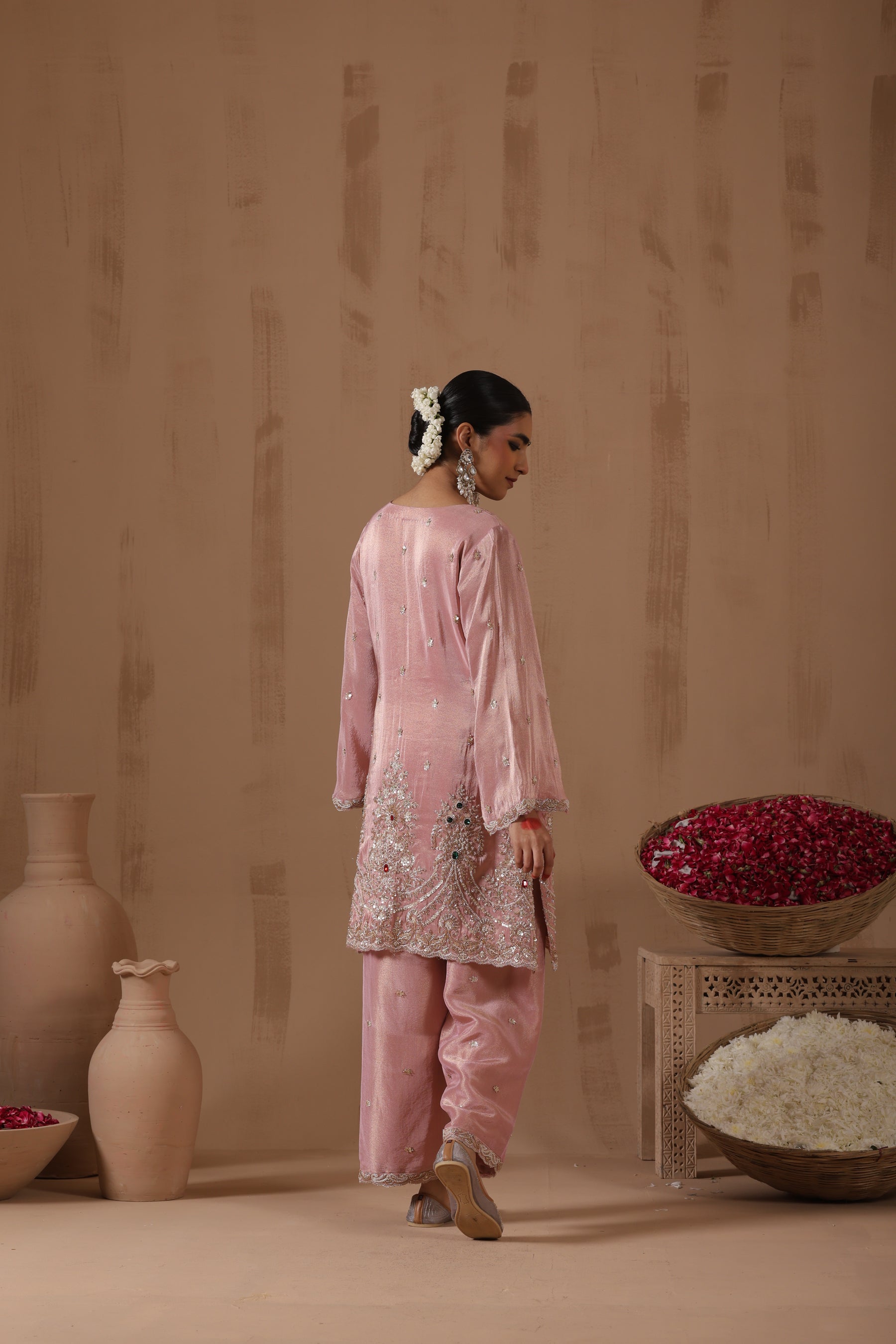 Blush Pink Embroidered Tissue Kurta Palazzo Set - back view
