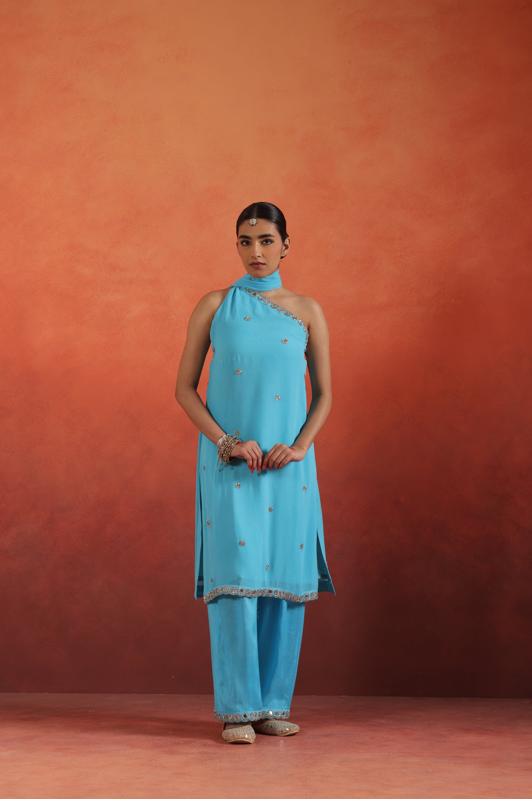 Hiral One Shoulder Mirror Work Set - complete outfit