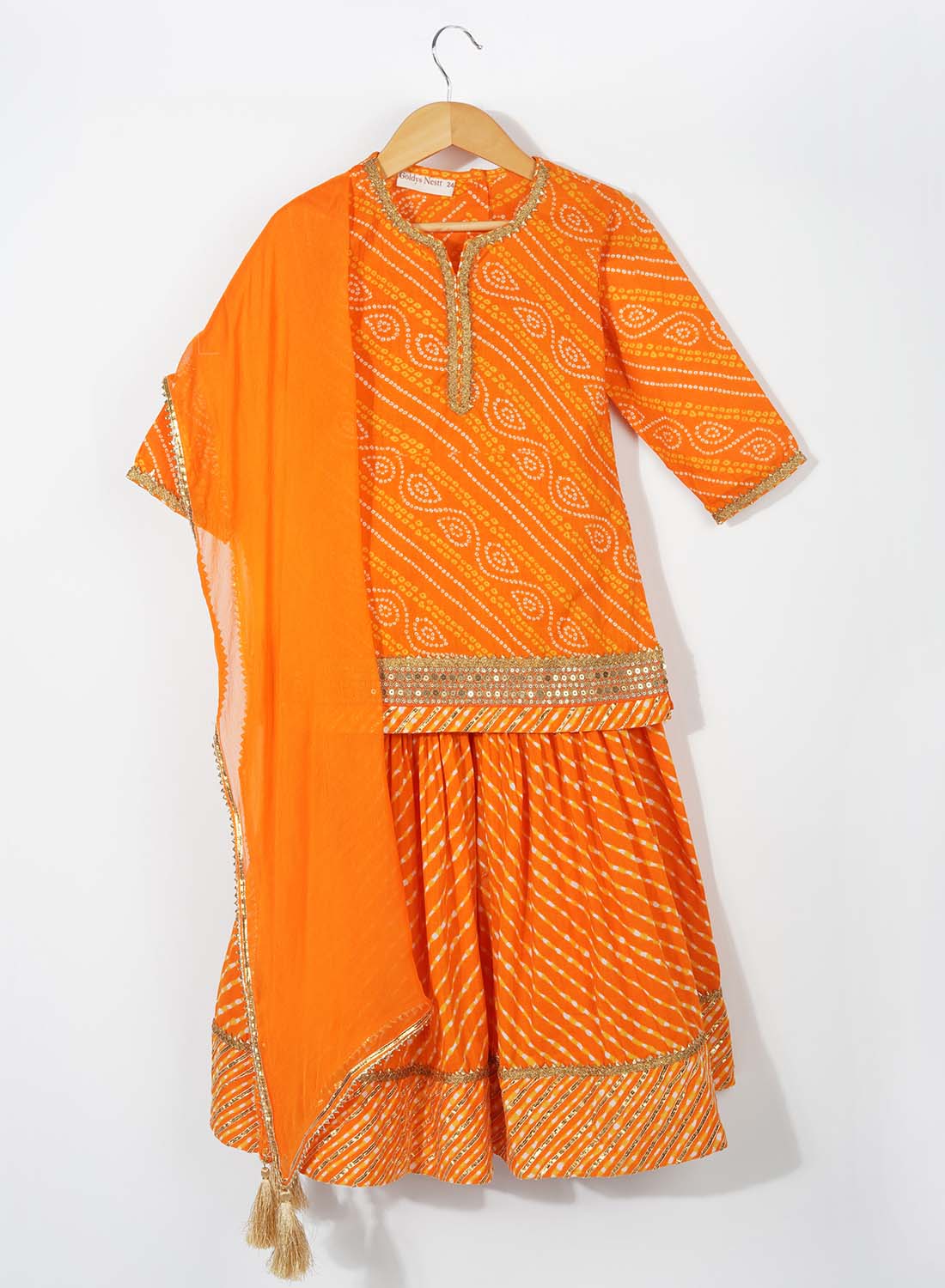 Kids Orange Bandhini Sharara Set