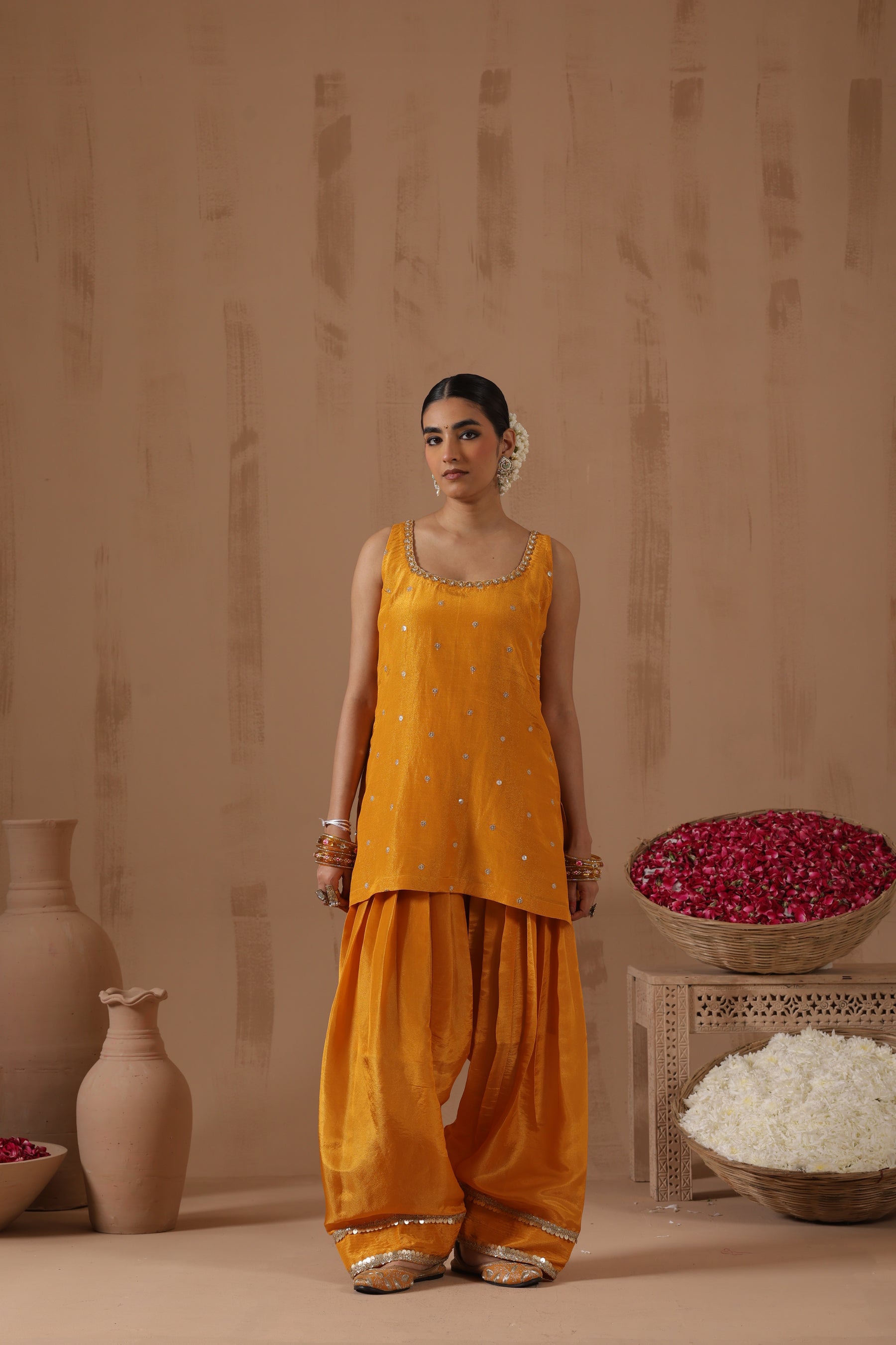 Mustard Tissue Salwar Set with Blue Dupatta - full outfit
