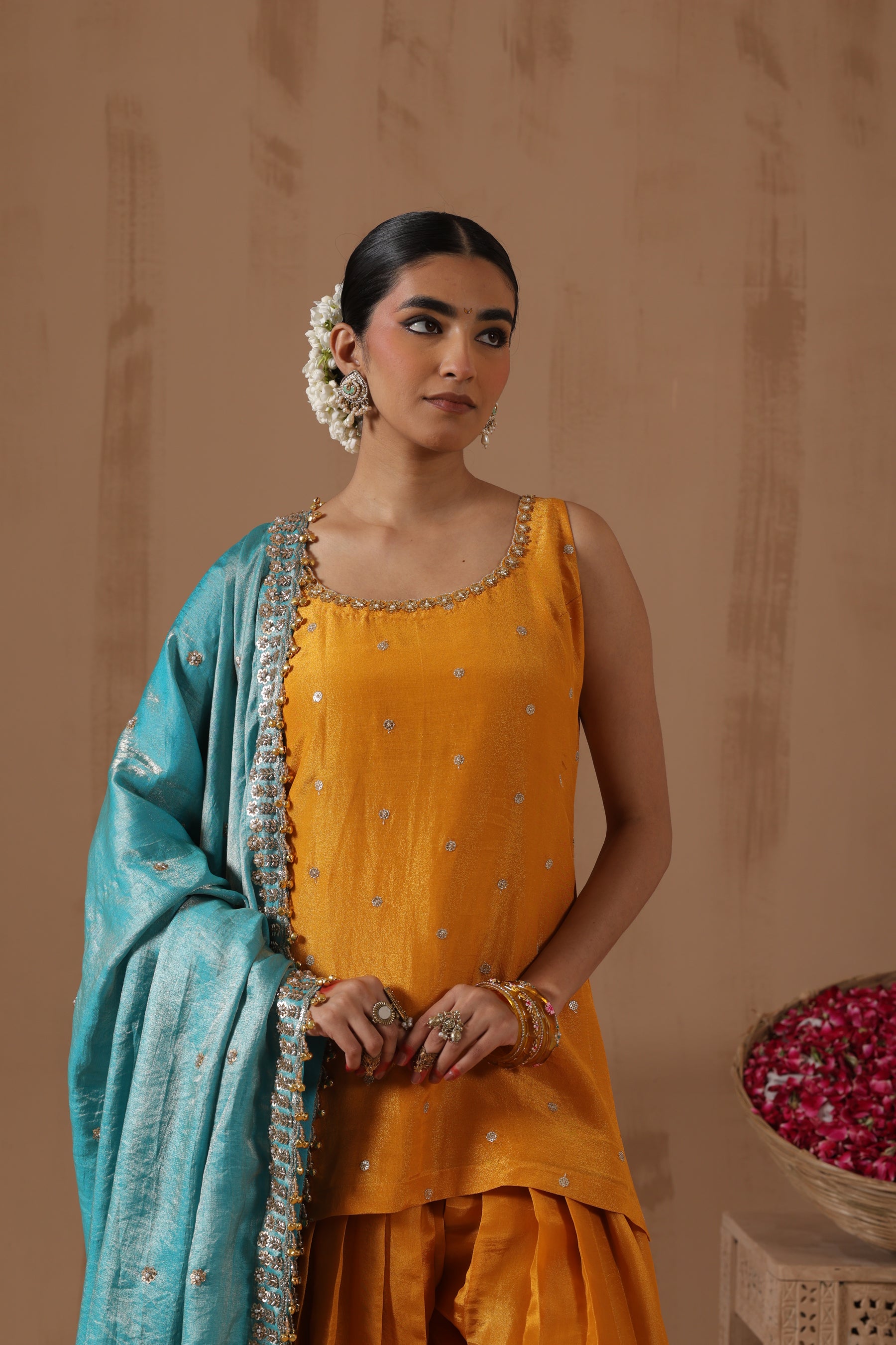 Mustard Tissue Salwar Set with Blue Dupatta - embroidery detail