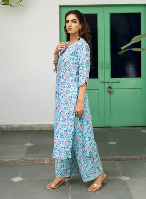 Aasmi Cotton Hand Block Kurta Palazo Set With Kota Dupatta